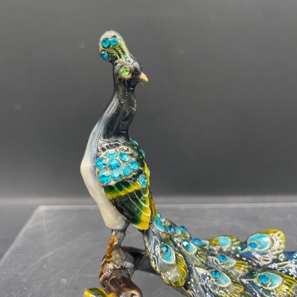 Enamel on Brass Colorful Peacock on Branch Trinket Dish Tray with Rhinestones - Picture 2 of 7